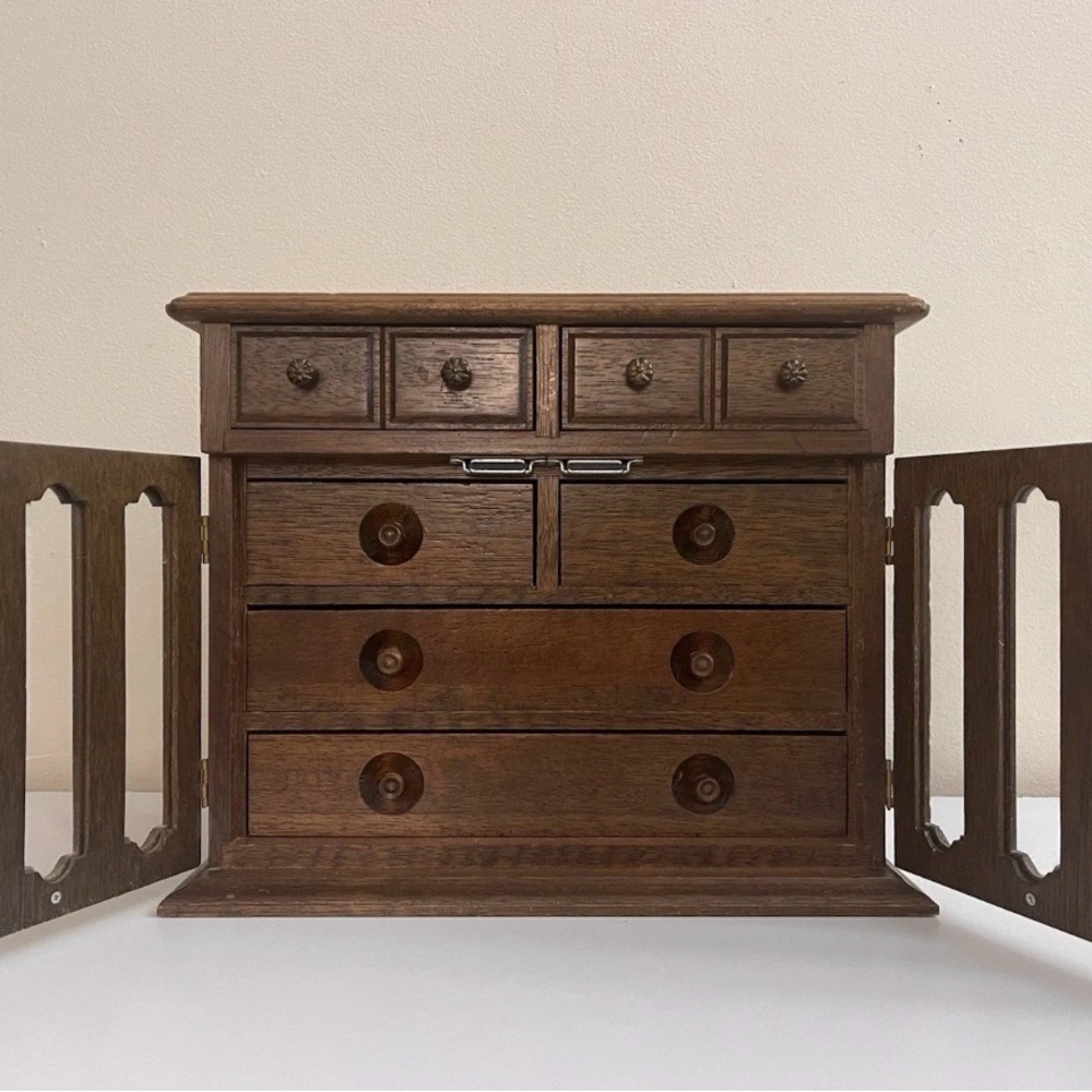 Vintage Wooden Jewelry Box Chest Organizer with 6 Drawers & Side Doors